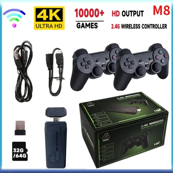 kf-Sc03ed26f67f8478caf1563339c11cf24C Video Game Sticks M8 Console 2.4G Dual Wireless Controller Game Stick 4K 10000 games 64GB Retro game For Dropshiopping Xmas Gift