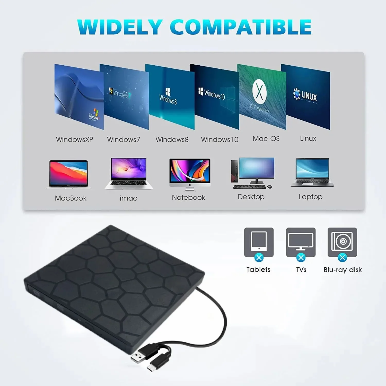 7 in 1 External CD/DVD Drive USB 3.0 Type C Portable DVD Player CD Burner External Disk Drive for Desktop Mac Windows Linux 5 kf Sc5a729dc962442d4be835a03c90b57751