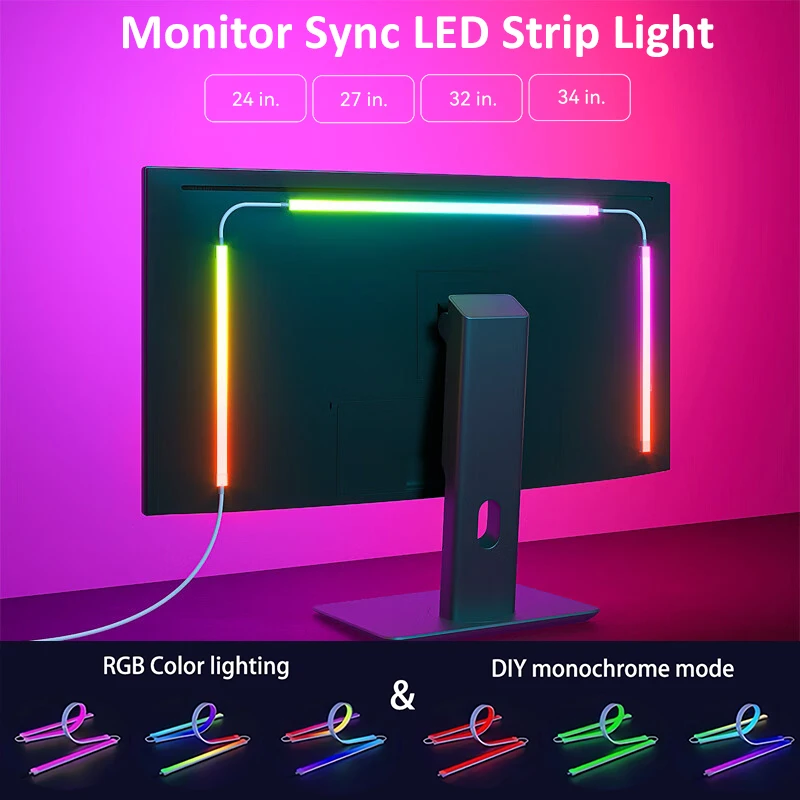 LED Sync RGB LED Strip Lights for 24-34 Inch Monitor USB-Powered Backlight Pickup Atmosphere Lights for Gaming Room Desk Decor