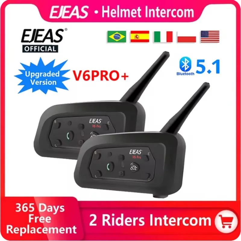 EJEAS V6 PRO+ Motorcycle Intercom Helmet 6 Riders 800m Communicator Waterproof V5.1 Music Player Interphone Bluetooth Headset