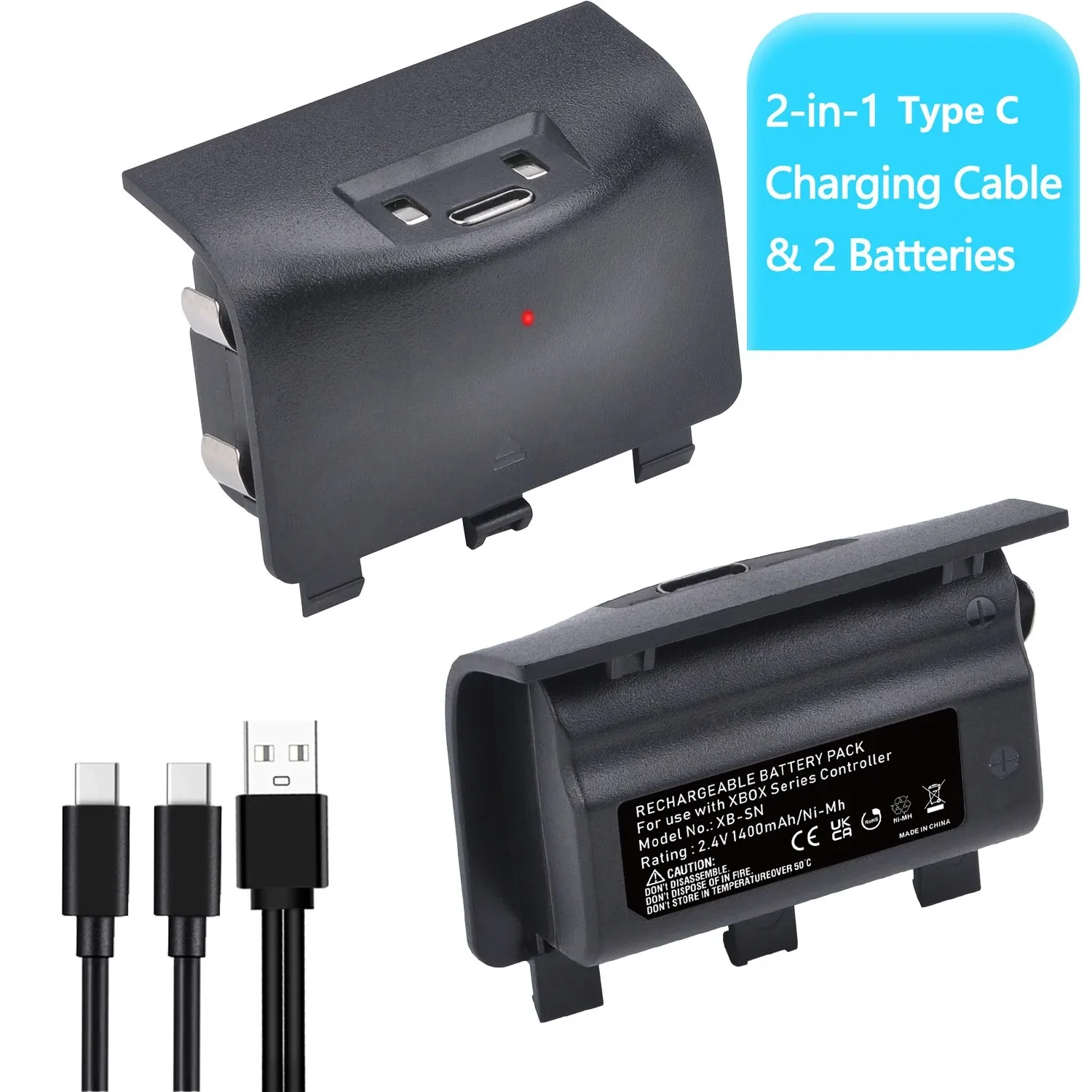 1400mAh Rechargeable Xbox Controller Battery Pack+Type C Cable for Xbox Series X, Xbox Series S Remote Gamepad