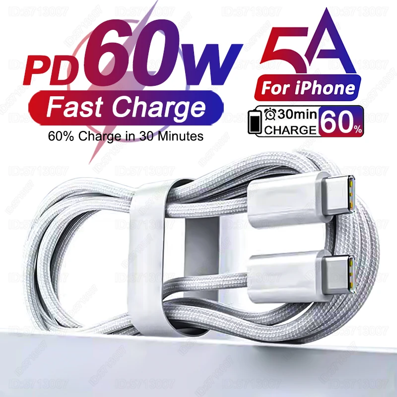 PD 60W Fast Charger 5A USB C to Type C Cable For Apple iPhone 16 15 Pro Max Plus Quick Charging For Huawei Samsung Xiaomi Cable