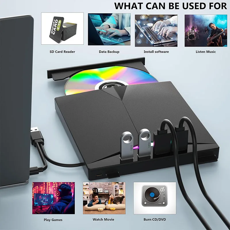 kf-Sdc10eb95db6043e59cc2002afb783cefz 7-in-1 External CD/DVD Drive USB3.0 Type-C Portable CD DVD RW Player Reader Burner for Laptop PC Windows with SD TF Card Slots