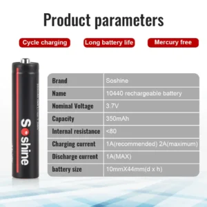 Soshine 3.7V 350mAh 10440 Lithium Batteries AAA 10440 Li-ion Rechargeable Battery 350mAh Battery for Recorder Game Console Toy