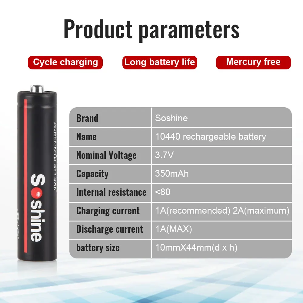 Soshine 3.7V 350mAh 10440 Lithium Batteries AAA 10440 Li-ion Rechargeable Battery 350mAh Battery for Recorder Game Console Toy