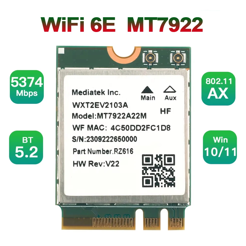kf-Se40d76ab0c104ceb9599753d106d229em WiFi 6E MT7922 M.2 Wireless Card 5374Mbps BT 5.2 Tri Band 2.4G/5G/6Ghz Network Adapter 802.11AX Wireless Adapter Win 10/11