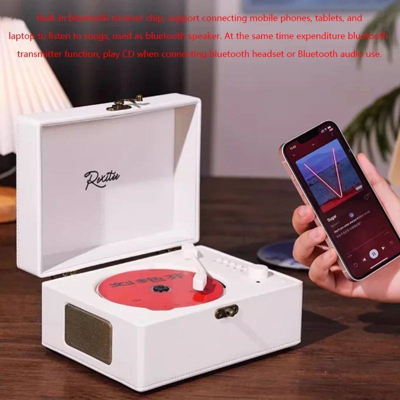 Vintage Leather CD Player Two-way Bluetooth 5.0 Built-in Speaker Portable Rechargeable CD Music Player USB Lossless Player