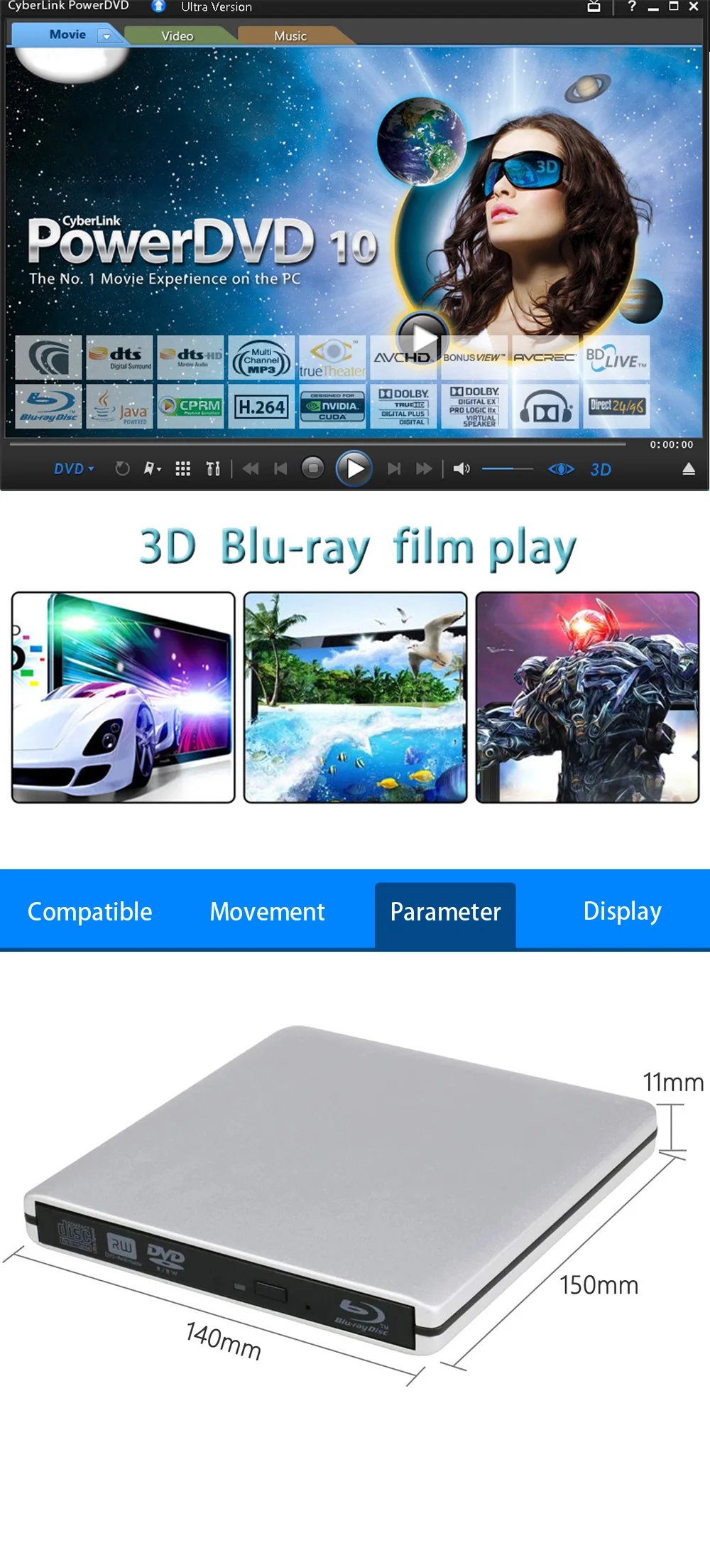 Ultra-Slim External Optical Drive with 4K Blu-Ray Burning, USB 3.0, DVD Play, 3D Blu-Ray R/W, CD/DVD Burner