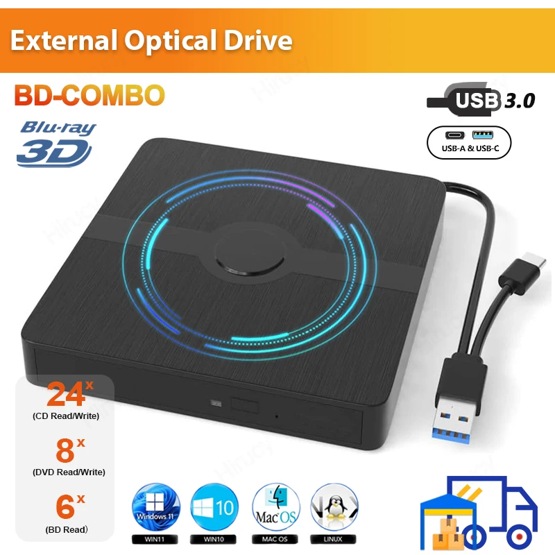 USB 3.0 External Blu-ray Drive Portable 3D BD-Combo Optical Drive CD DVD Player CD Burner Reader for Laptop PC Windows 11/10 Mac