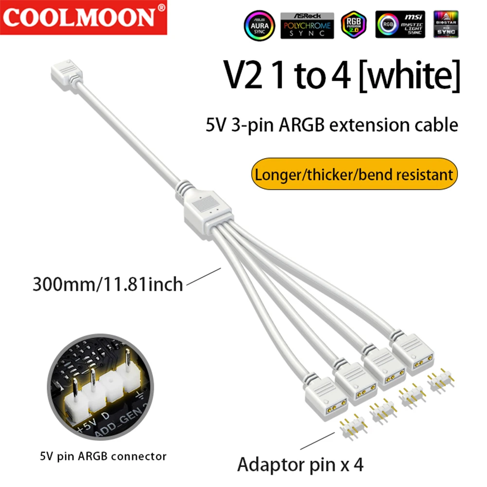 COOLMOON Gen 2 ARGB Splitter 5V 3 Pin 1 to 4/3/2 Universal Mainboard ARGB Extension Cable with Adapter Pin For Mainboard DIY