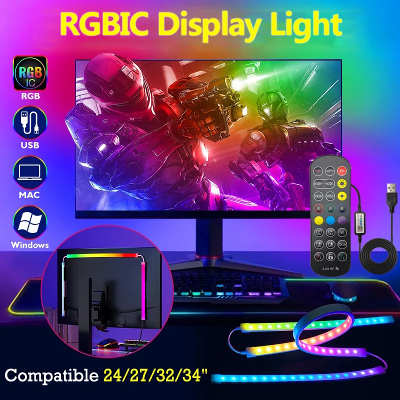 LED Gaming Strip Light Computer Monitor Backlight RGBIC LED Strip Light 24-34 Inch Screen USB Gaming Room Atmosphere Decor Lamp