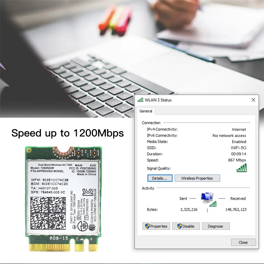 7260AC Bluetooth4.0 WiFi 1200Mbps Wireless Network Card NGFF M.2 Wifi Dongle 802.11AC Dual Band 2.4G 5G For Laptop 7260NGW