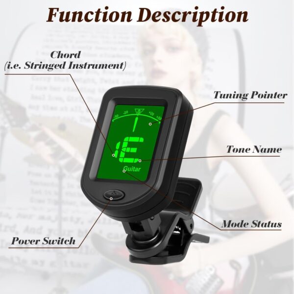 Clip On Guitar Tuner for Acoustic Electric Bass Ukulele Violin - High Accuracy Vibration Sensor with Chromatic Mode