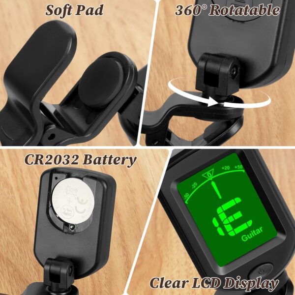 Clip On Guitar Tuner for Acoustic Electric Bass Ukulele Violin - High Accuracy Vibration Sensor with Chromatic Mode