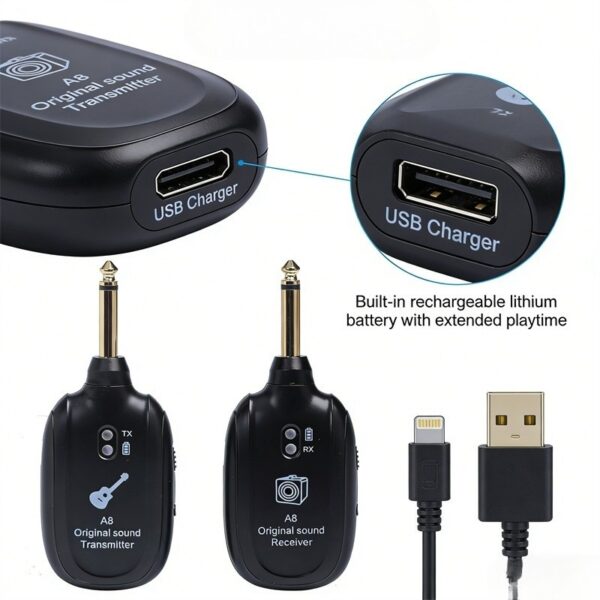 A8 Trådløst Gitar System for Elektrisk Gitar & Bass - 2.4GHz Sender/Mottaker
