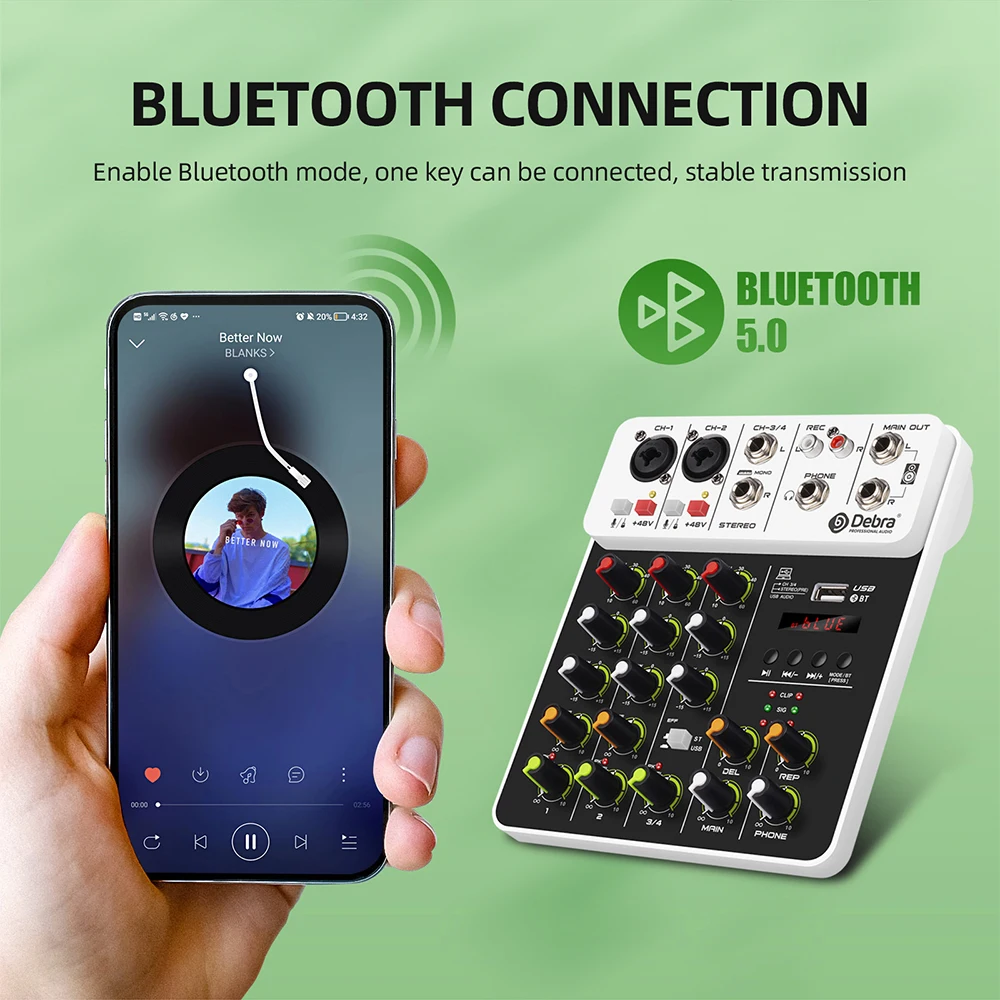 Debra V4 4-Channel Audio Mixer with Bluetooth Recording, 48V Phantom Power, Delay, Repeat, and Effect Features for PC 6 kf S03819f8730914efda8c1625e876741d6n