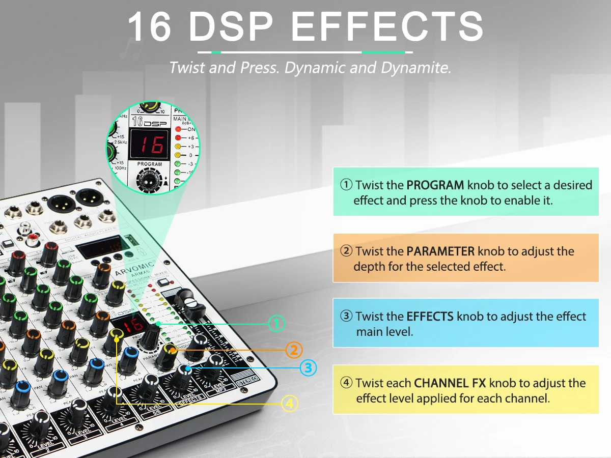 Professional 6-Channel DJ Audio Mixer with USB Interface, Bluetooth, 16 DSP Effects, 3-Band EQ, and Portable Design (ARMX-6) 3 kf S4e6855fb745f471da774ba2c02a0489cs
