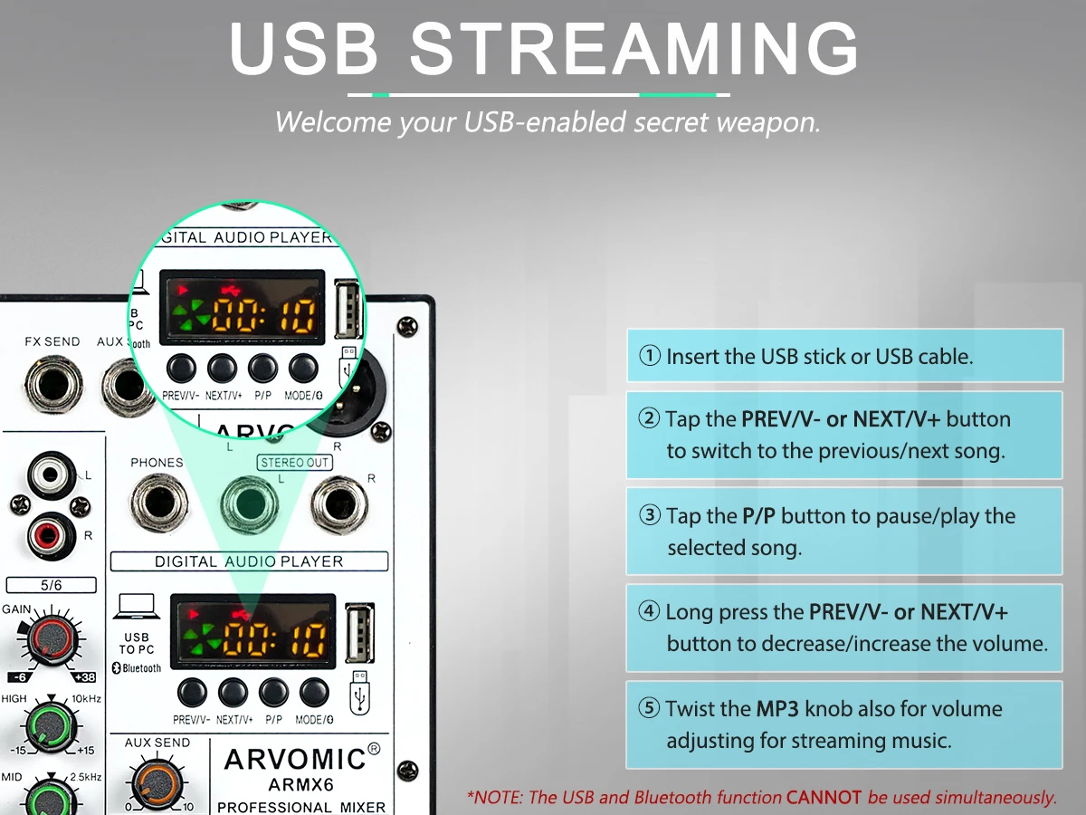 Professional 6-Channel DJ Audio Mixer with USB Interface, Bluetooth, 16 DSP Effects, 3-Band EQ, and Portable Design (ARMX-6) 5 kf S558b3551f5c242bc83919155d722c159o