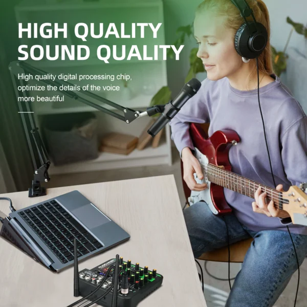 kf-S7e5e18b88fe1476982ee7872d6f3f3c0F Debra 4-Channel Audio Mixer with UHF Wireless Microphone, Bluetooth Recording, PC Compatibility, Delay and Repeat Effect Audio Interface Mixing Console
