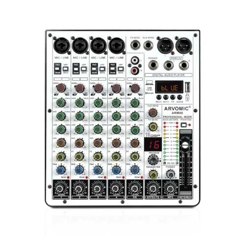 Professional 6-Channel DJ Audio Mixer with USB Interface, Bluetooth, 16 DSP Effects, 3-Band EQ, and Portable Design (ARMX-6)