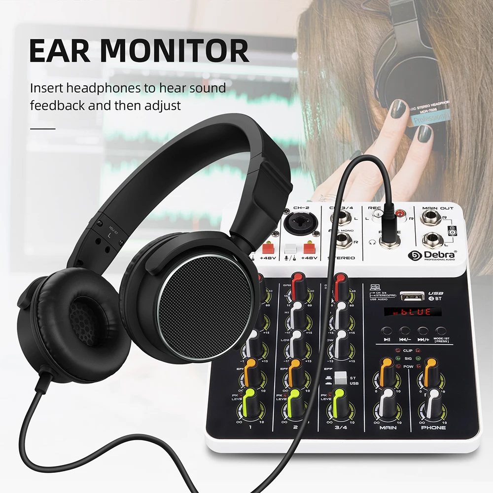 Debra V4 4-Channel Audio Mixer with Bluetooth Recording, 48V Phantom Power, Delay, Repeat, and Effect Features for PC 12 kf S8f2e1afeb4474eccb62f80405c85d151D