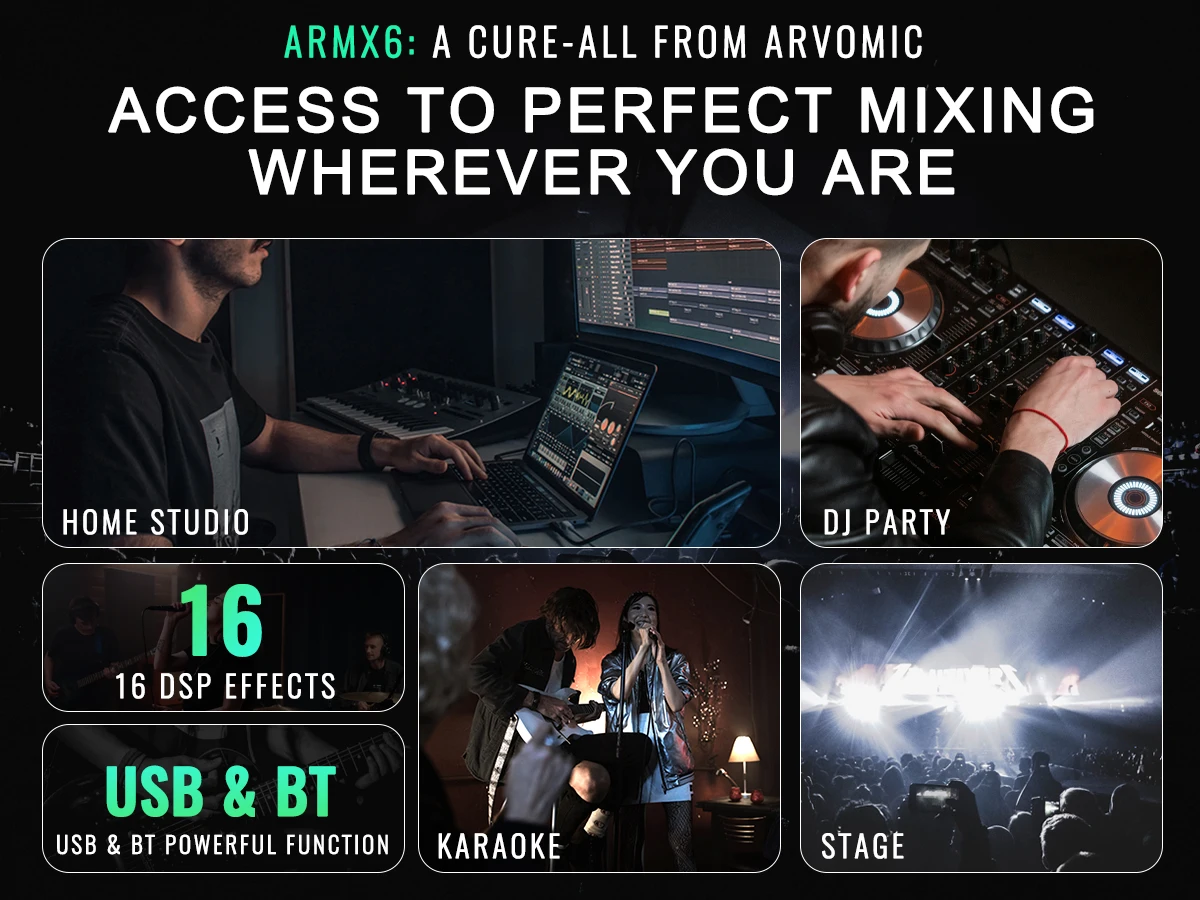 Professional 6-Channel DJ Audio Mixer with USB Interface, Bluetooth, 16 DSP Effects, 3-Band EQ, and Portable Design (ARMX-6) 7 kf S9f9dfd255ebb415290f5dbb16e2eca11p