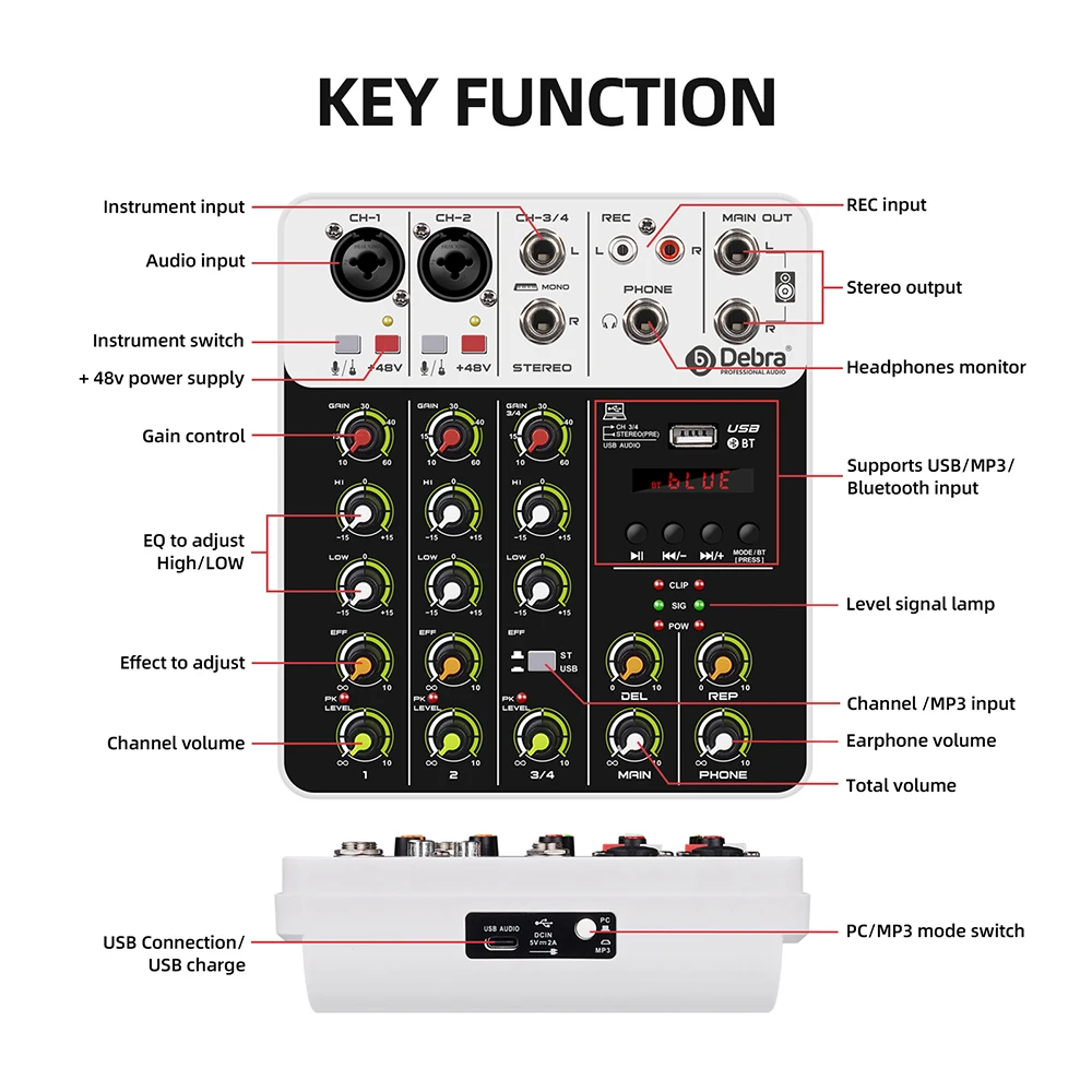 Debra V4 4-Channel Audio Mixer with Bluetooth Recording, 48V Phantom Power, Delay, Repeat, and Effect Features for PC 16 kf Sa34878c0c81a462fa1ab8c834d78b2a3H