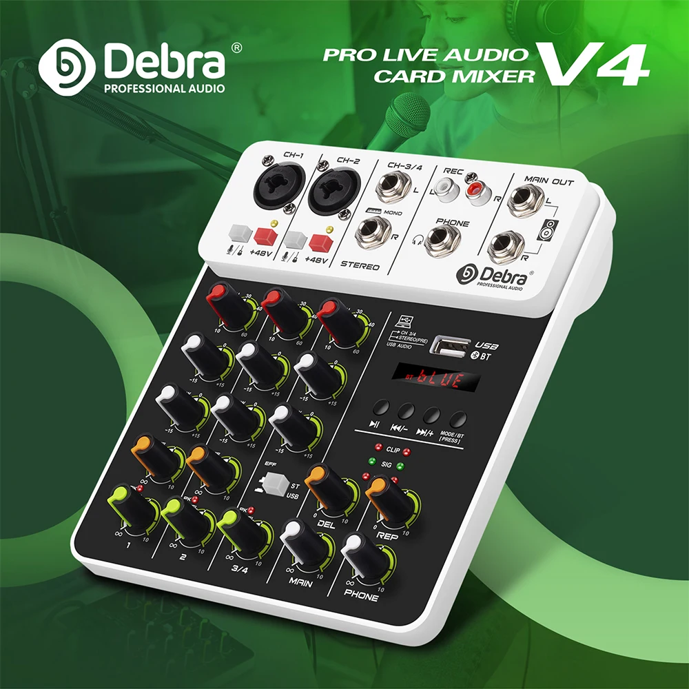 Debra V4 4-Channel Audio Mixer with Bluetooth Recording, 48V Phantom Power, Delay, Repeat, and Effect Features for PC 2 kf Sa664c12b794143c59c7cd11785d0d190T
