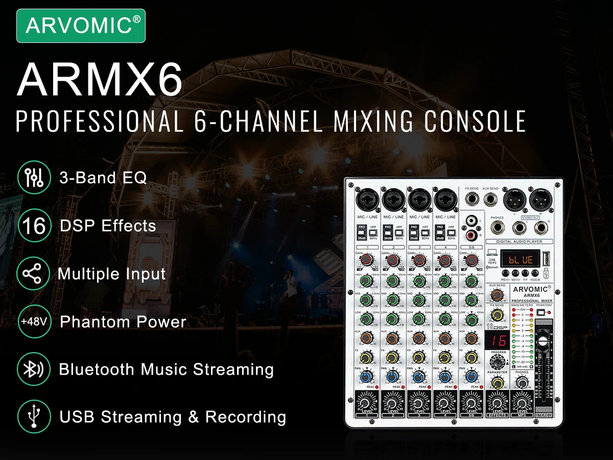 Professional 6-Channel DJ Audio Mixer with USB Interface, Bluetooth, 16 DSP Effects, 3-Band EQ, and Portable Design (ARMX-6) 2 kf Sbe271bcd1e8c42c3b2d2511a92682f6a0