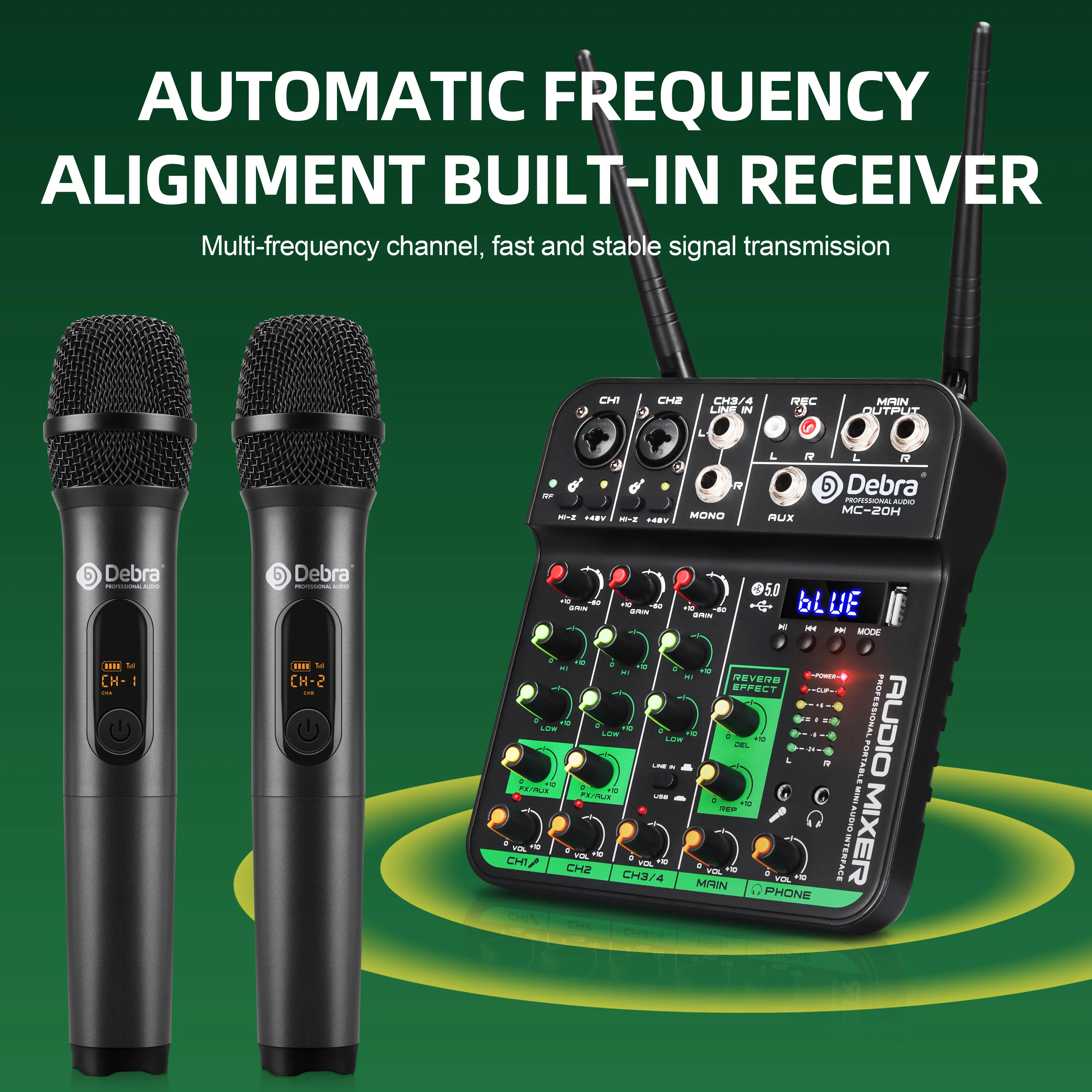 Debra 4-Channel Audio Mixer with UHF Wireless Microphone, Bluetooth Recording, PC Compatibility, Delay and Repeat Effect Audio Interface Mixing Console 11 kf Sdca58cfd26cf4a8ba987d9b24dda3a72b