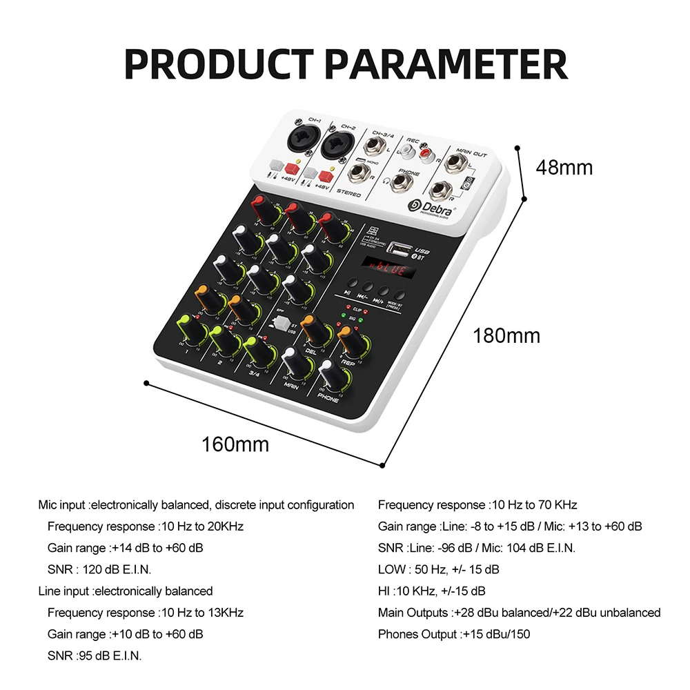 Debra V4 4-Channel Audio Mixer with Bluetooth Recording, 48V Phantom Power, Delay, Repeat, and Effect Features for PC 17 kf Sebba9b34dc5f4fa9868ffd115d1b5442K